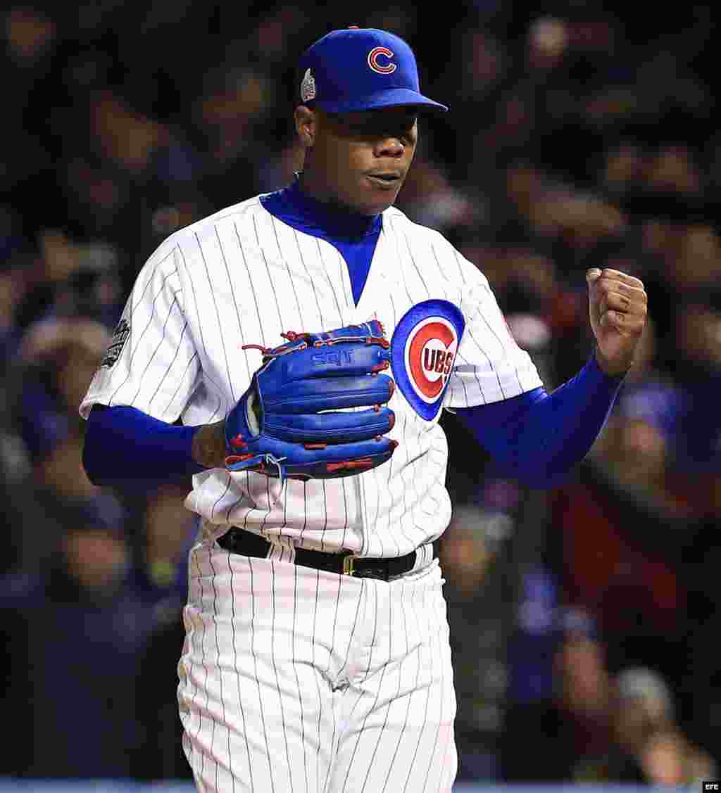 El rostro de la victoria en Aroldis Chapman al dominar a los Indios de Cleveland el 10/30/2016.