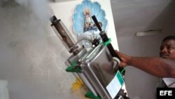 Un empleado municipal fumiga como prevención contra el dengue.