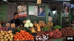 Un hombre vende vegetales en un mercado agrario junto a carteles con las imágenes de Fidel y Raúl Castro.