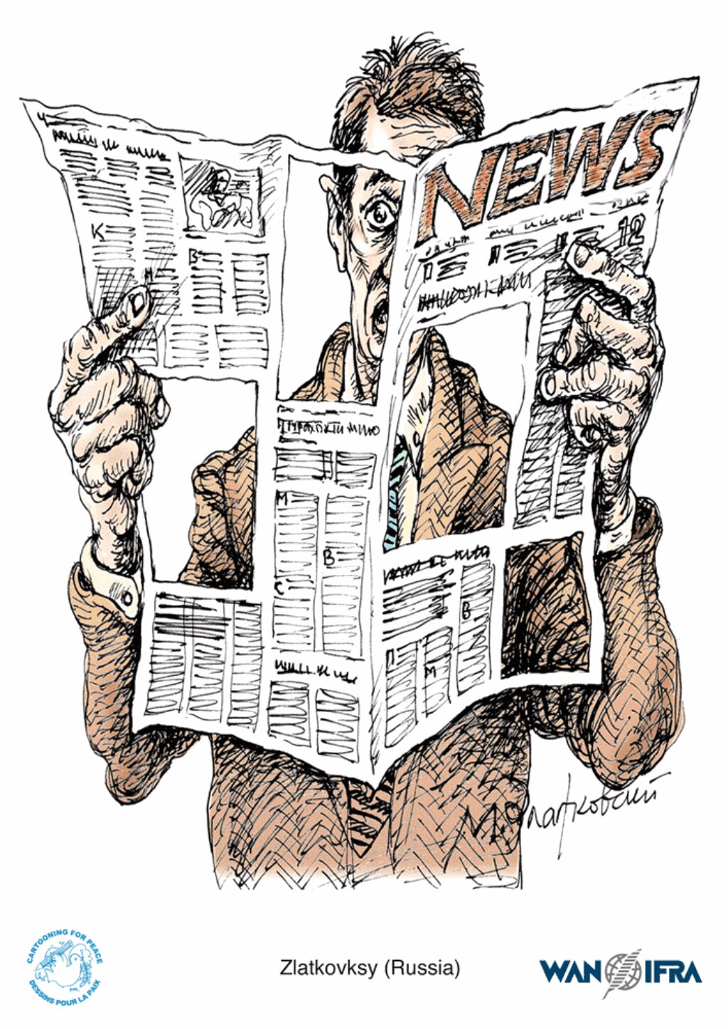 Zlatkovsky. Zlatkovsky Mikhail vive y trabaja como caricaturista político en Moscú. Premiado internacionalmente en más de 200 ocasiones, es considerado por sus compañeros de profesión como uno de los mejores.