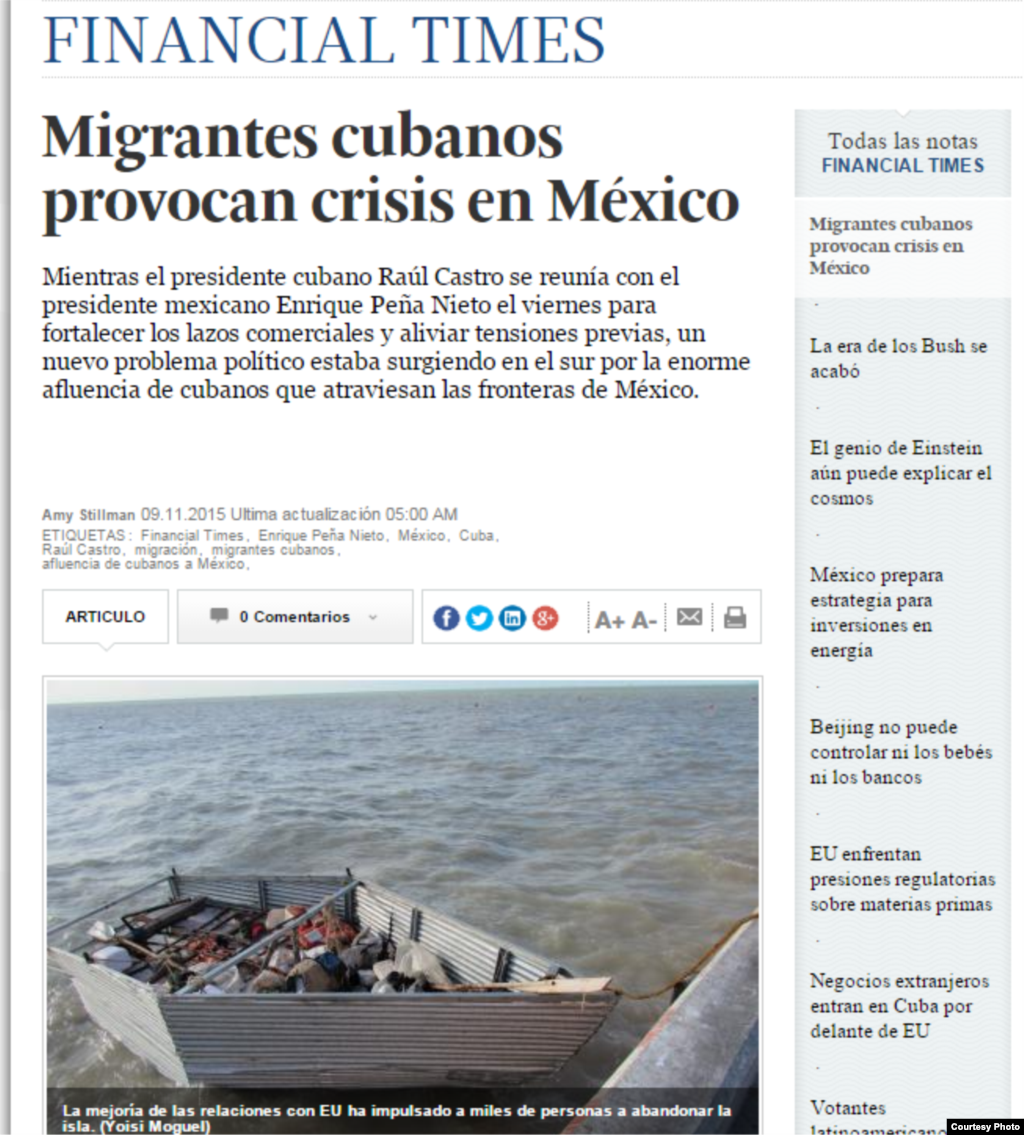 Según Financial Times, los oficiales mexicanos de migración advierten que el número de cubanos que llegan a través de la frontera sigue aumentando aunque el presidente mexicano, Enrique Peña Nieto, y el mandatario cubano, Raúl Castro, acaban de firmar un acuerdo.  