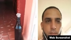 Omr Torres Sosa y la botella con la mecha que encontró en el frente de su vivienda.