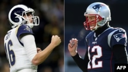 Combinación de fotos de Jared Goff #16 de Los Angeles Rams y Tom Brady #12 de New England Patriots.