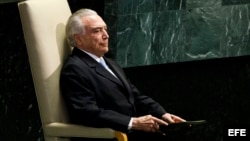 El presidente brasileño, Michel Temer, antes de pronunciar su discurso durante el debate del 71 periodo de sesiones de la Asamblea General de Naciones Unidas, en la sede del a ONU en Nueva York, Estados Unidos, hoy, 20 de septiembre de 2016.