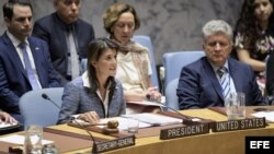 Fotografía cedida por la ONU donde aparece la presidenta de turno del Consejo de Seguridad, la estadounidense Nikki Haley, mientras habla durante una reunión sobre la situación en Nicaragua hoy, miércoles 5 de septiembre de 2018, en la sede del organismo