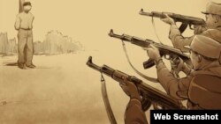 Dibujo de un artista de una ejecución pública por un pelotón de fusilamiento en Corea del Norte.
